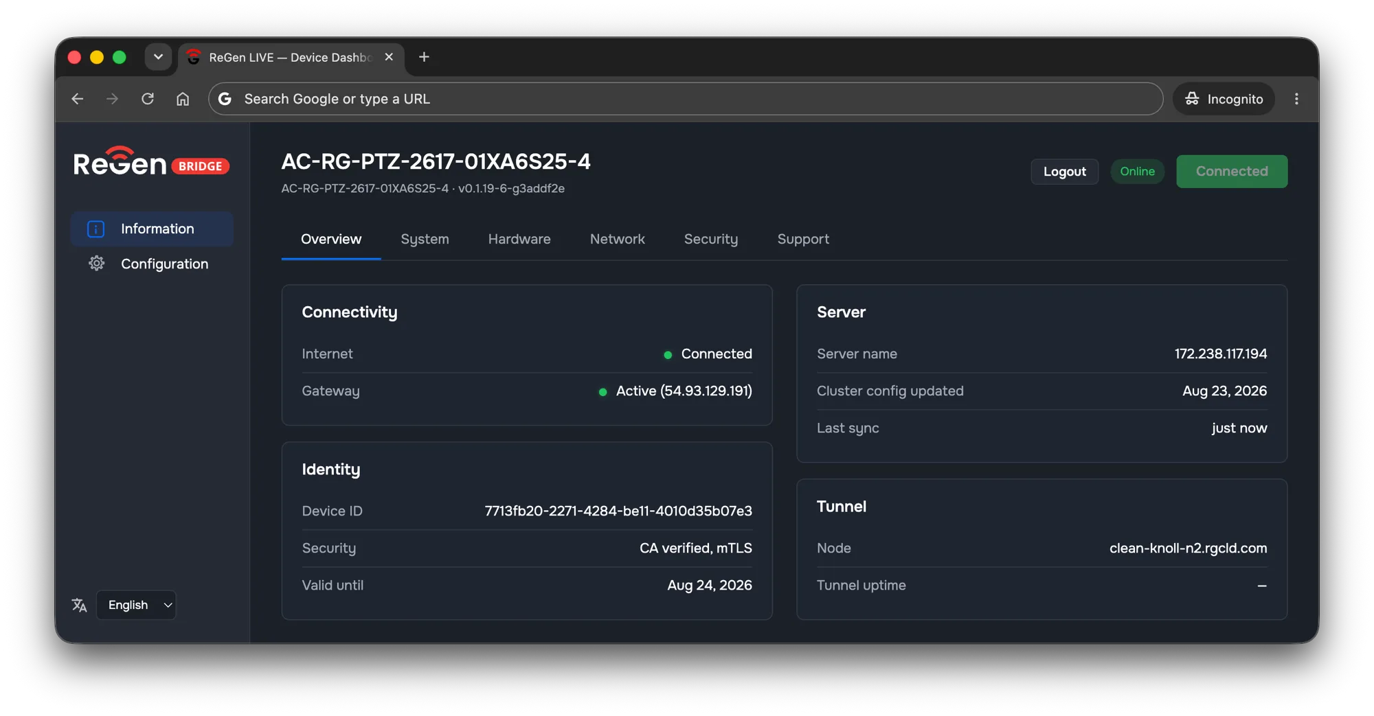 RemoteGenius dashboard showing a field device’s bridge status: connectivity, identity, server and tunnel details