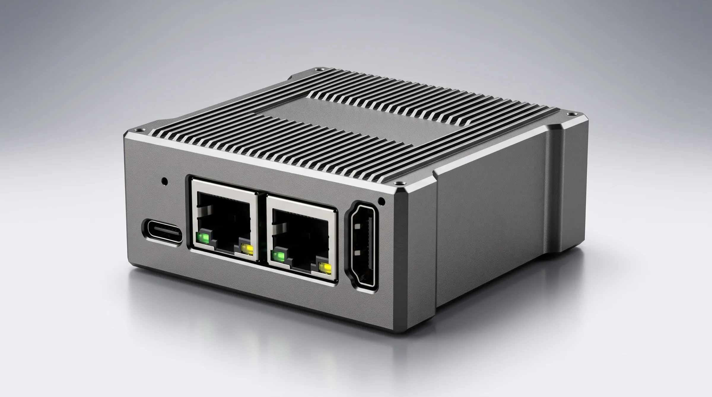ReGen Bridge v1 — milled aluminium IP65 bridge device with dual Gigabit Ethernet ports